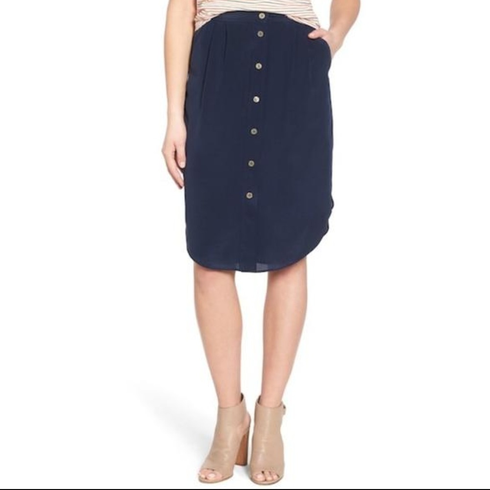 Silk Navy Button Down Midi Skirt